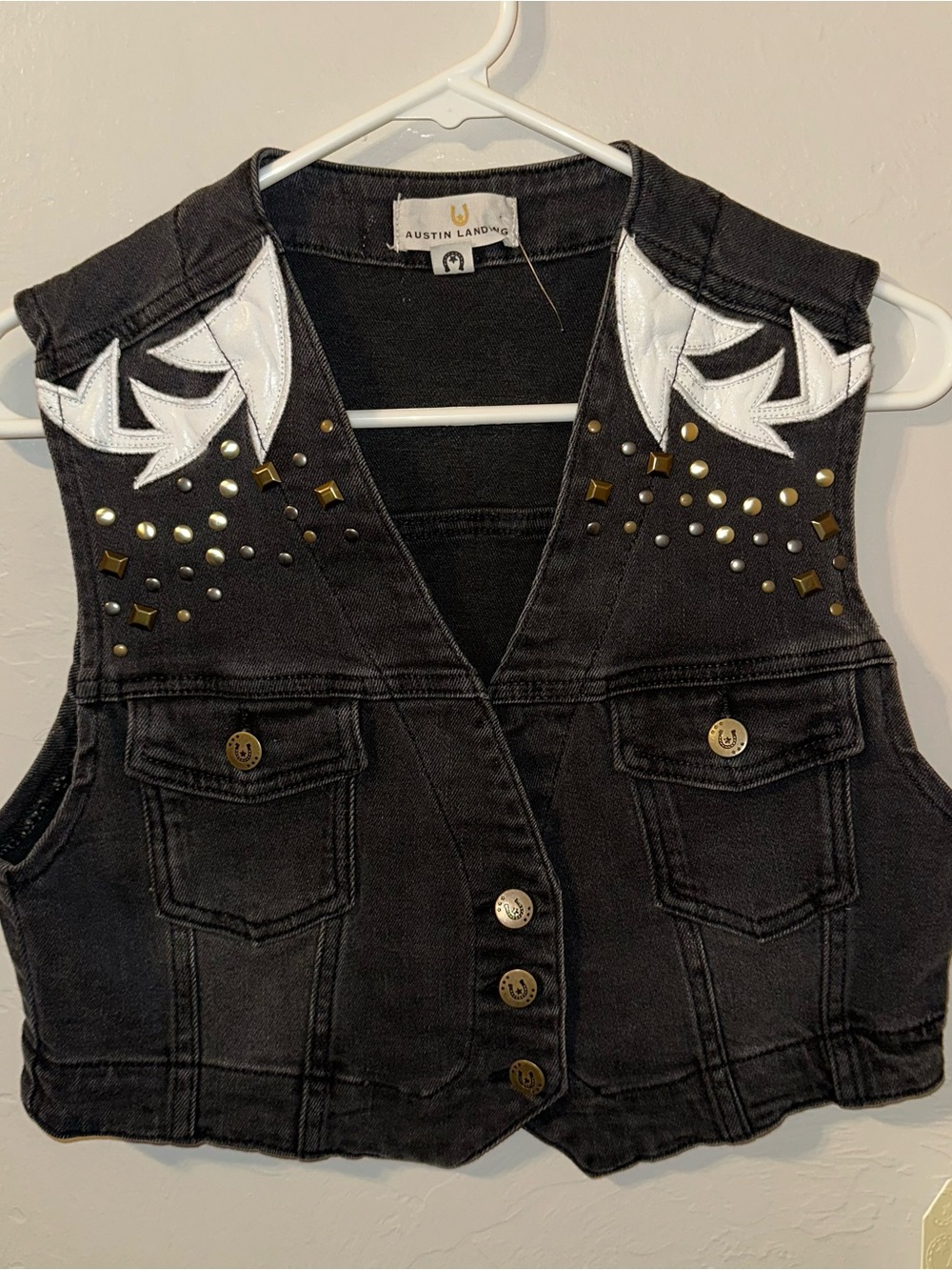 Austin Land + Co. Black Studded Denim Vest with White Embroidery